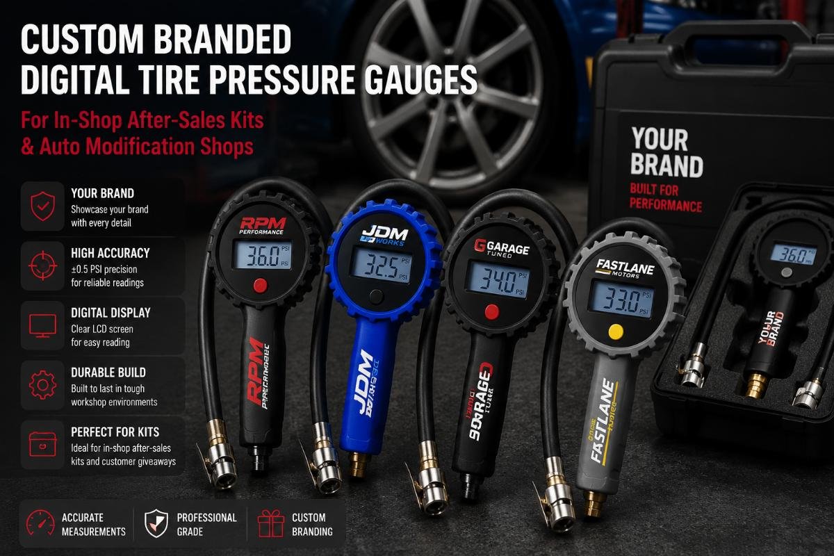 Custom branded tire pressure gauges for auto modification shops Custom branded digital tire pressure gauges for in-shop after-sales kits