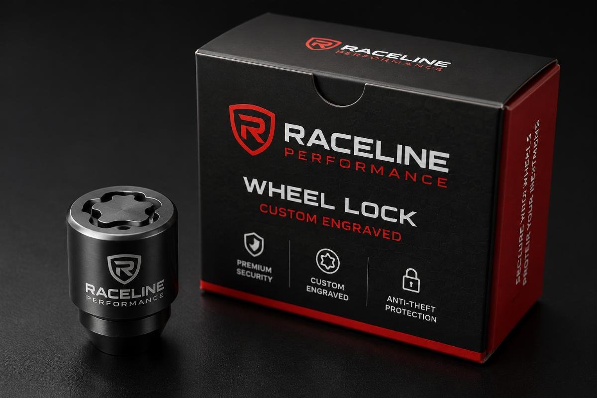 Custom branded wheel lock for resellers A custom engraved wheel lock sits next to branded matching packaging