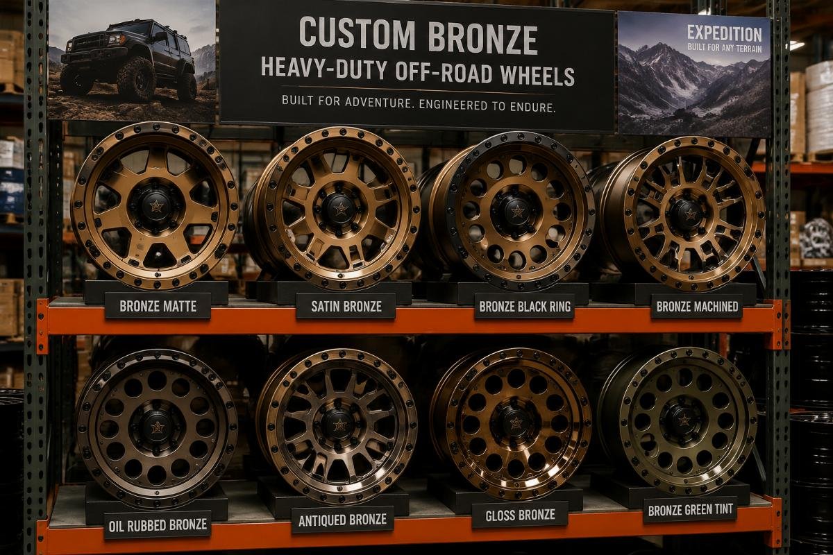 Custom heavy-duty off-road wheel finishes for expedition projects Custom bronze heavy-duty off-road wheels displayed on a warehouse shelf