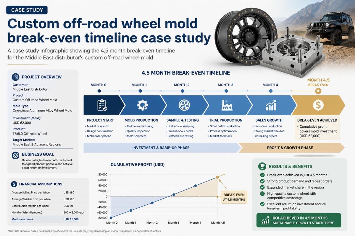 A case study infographic showing the 4.5 month break-even timeline for the Middle East distributor's custom off-road wheel mold