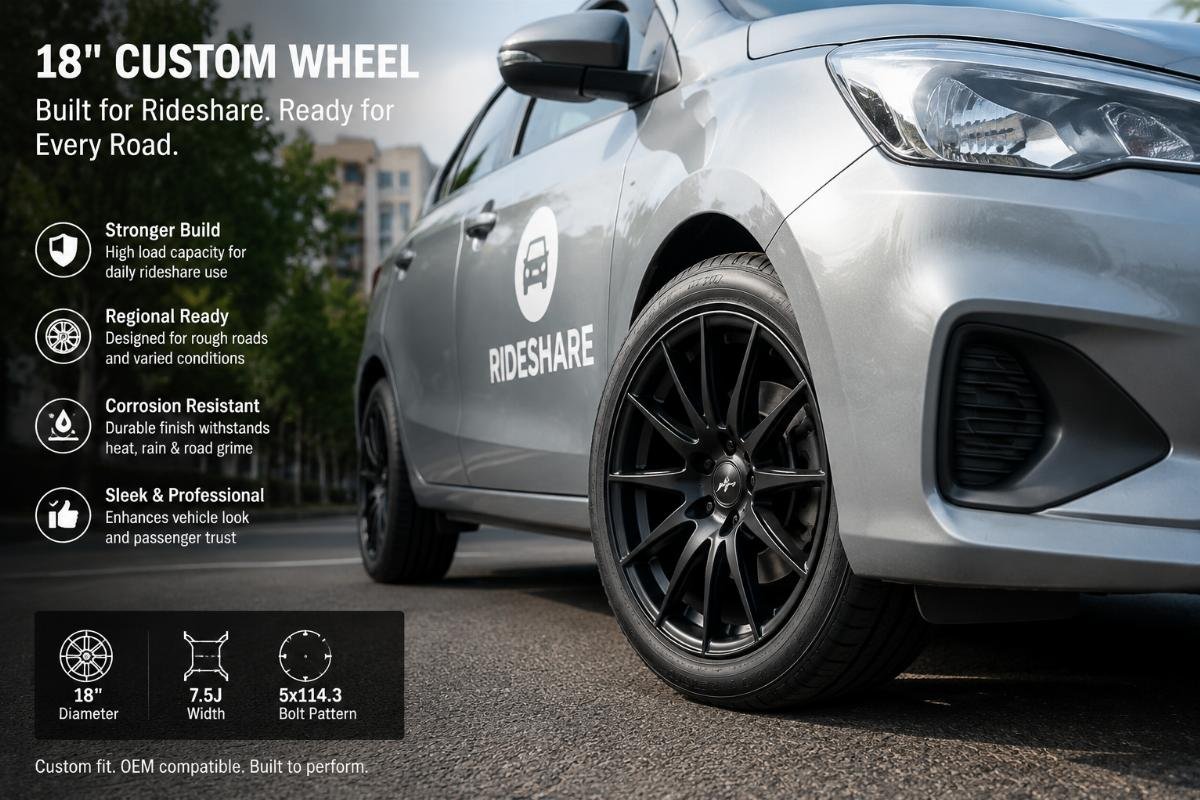 Custom 18-inch rideshare wheel fitted to a compact rideshare vehicle
