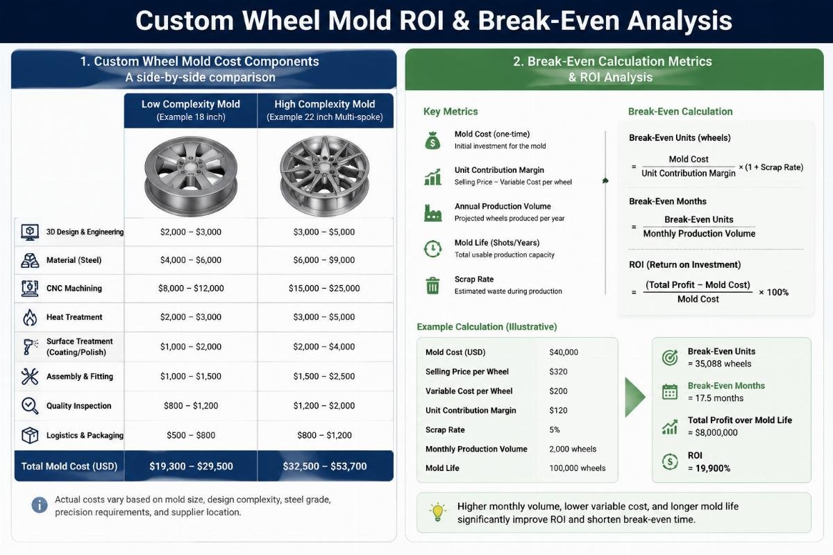 A side-by-side comparison of custom wheel mold cost components and break-even calculation metrics