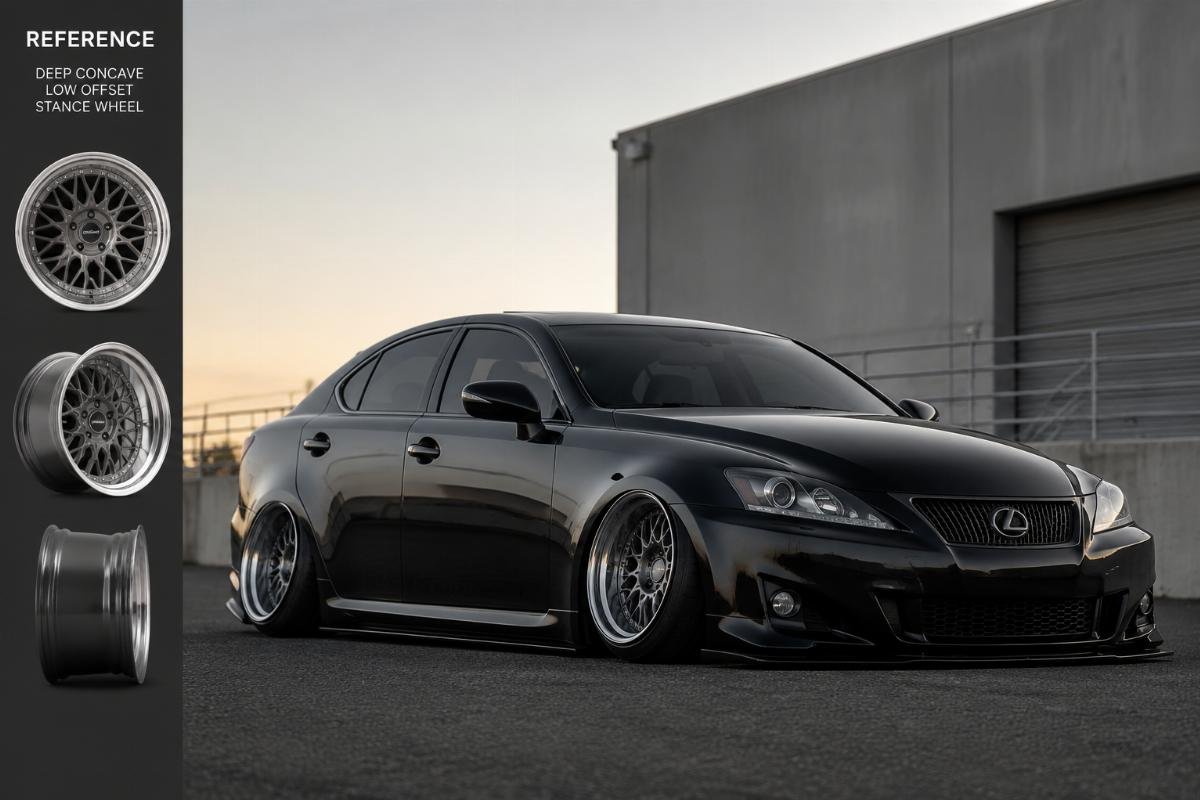 Deep concave low offset stance wheel mounted on a modified luxury sedan