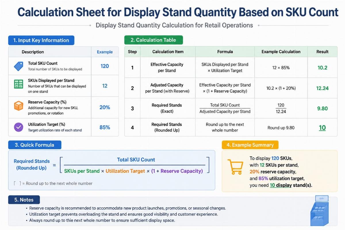 Display stand quantity calculation for retail operations Calculation sheet for display stand quantity based on SKU count