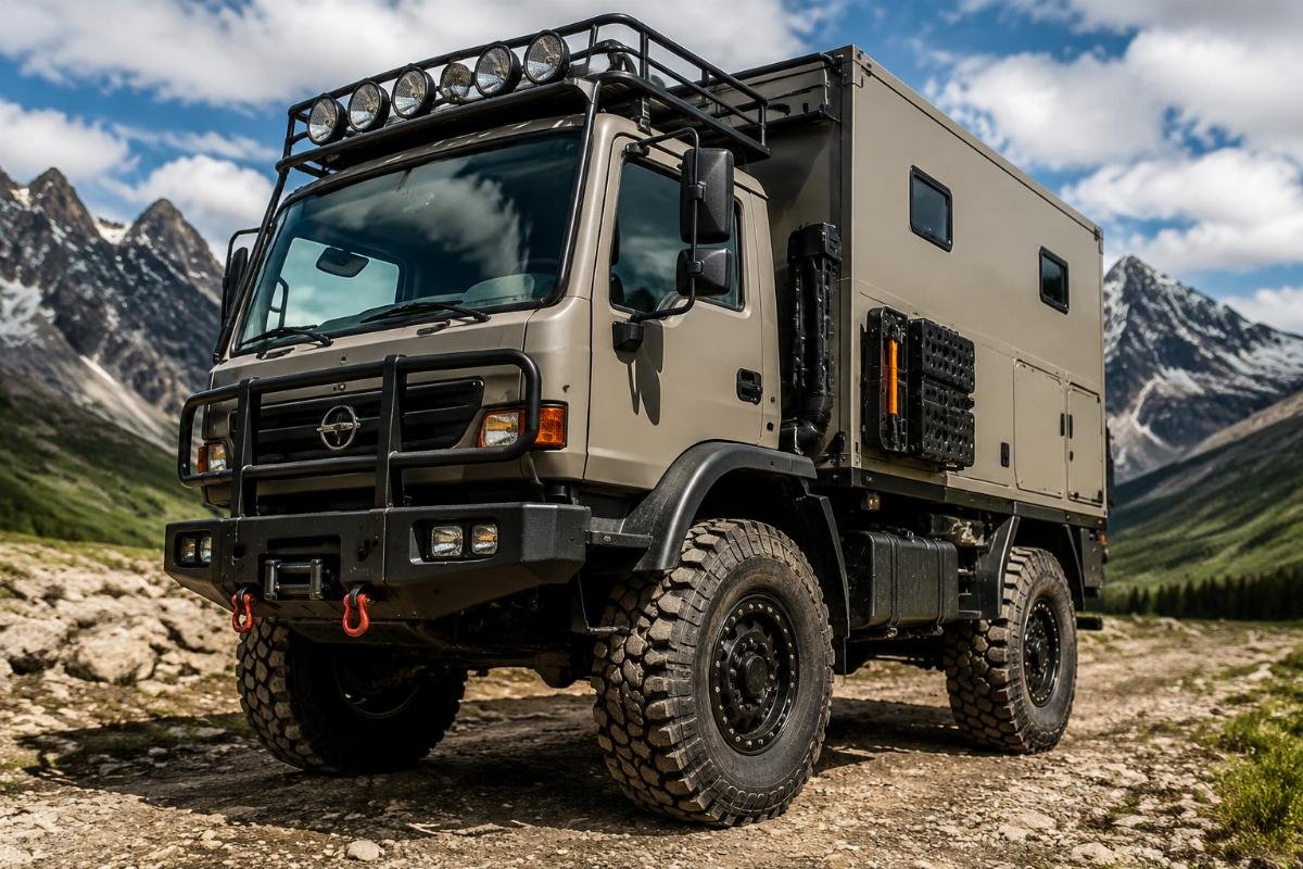 Heavy-duty off-road wheels mounted on an expedition truck ready for cross-country travel
