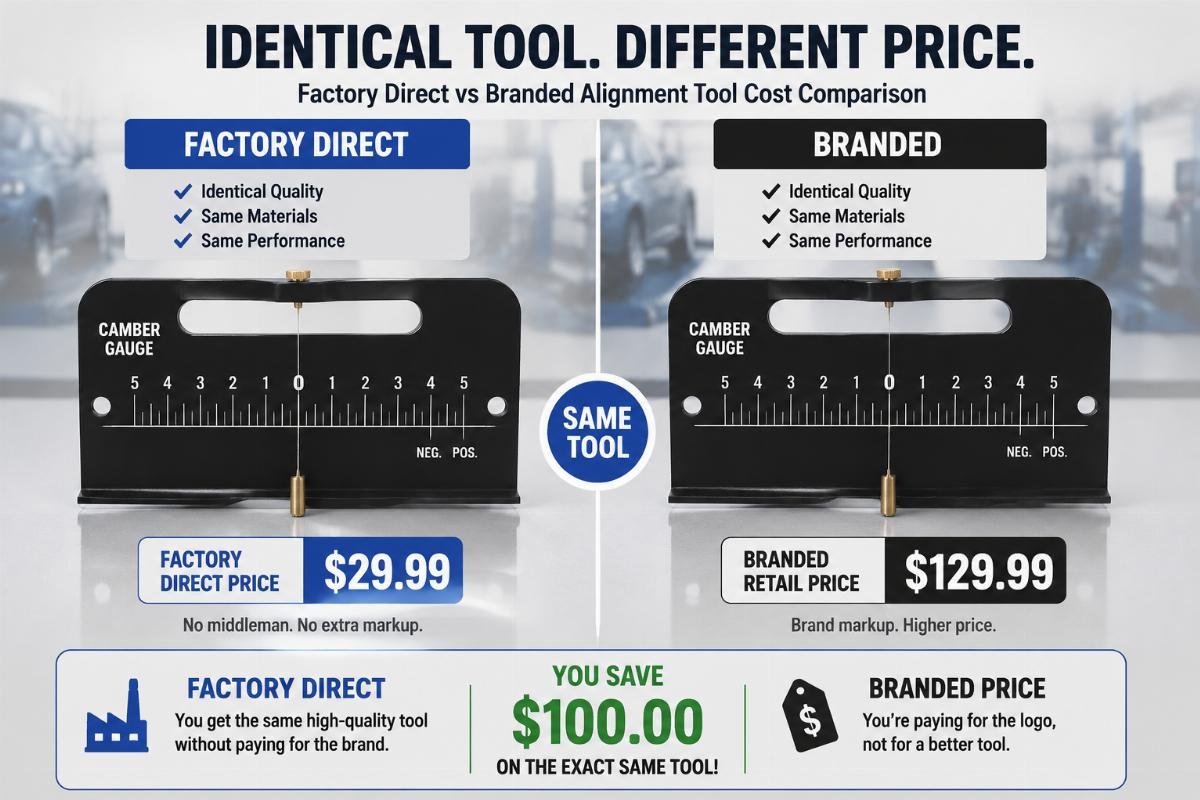 A side by side comparison of identical camber gauges with different brand labels and price tags