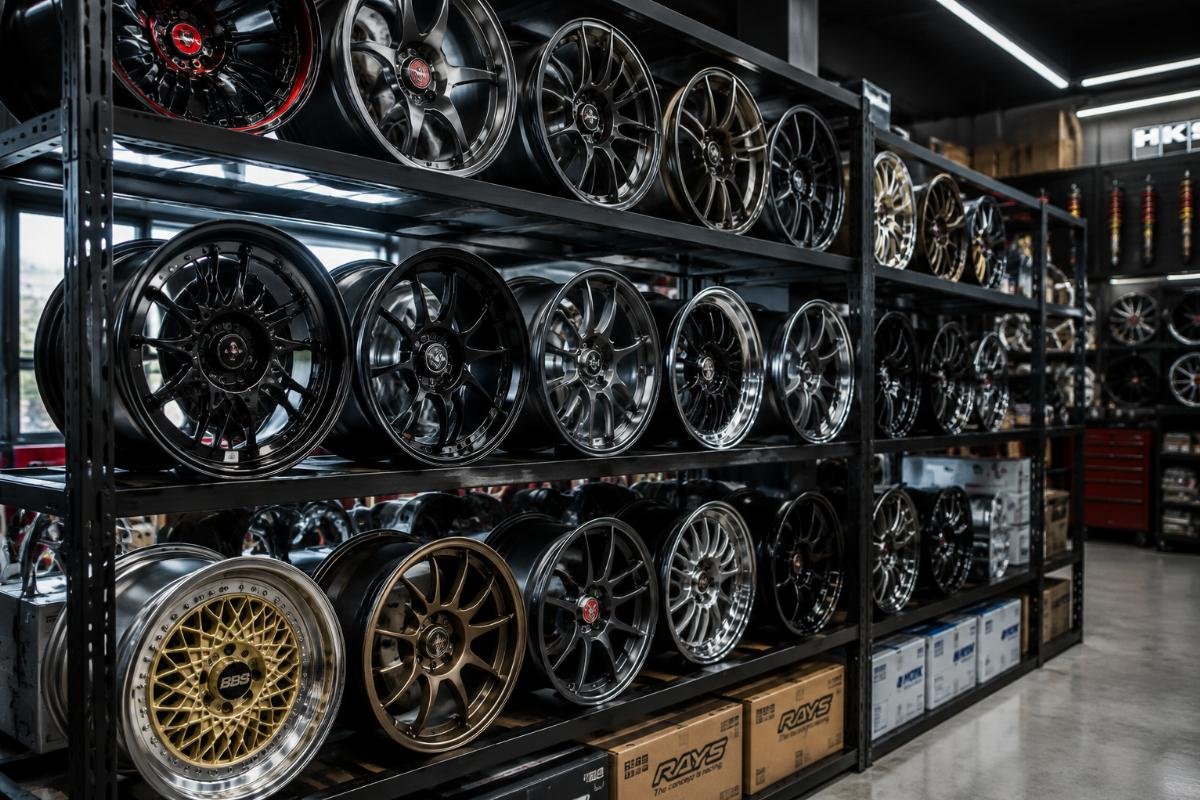 fast selling modification wheel trends Modification shop inventory rack with high-turn wheel styles