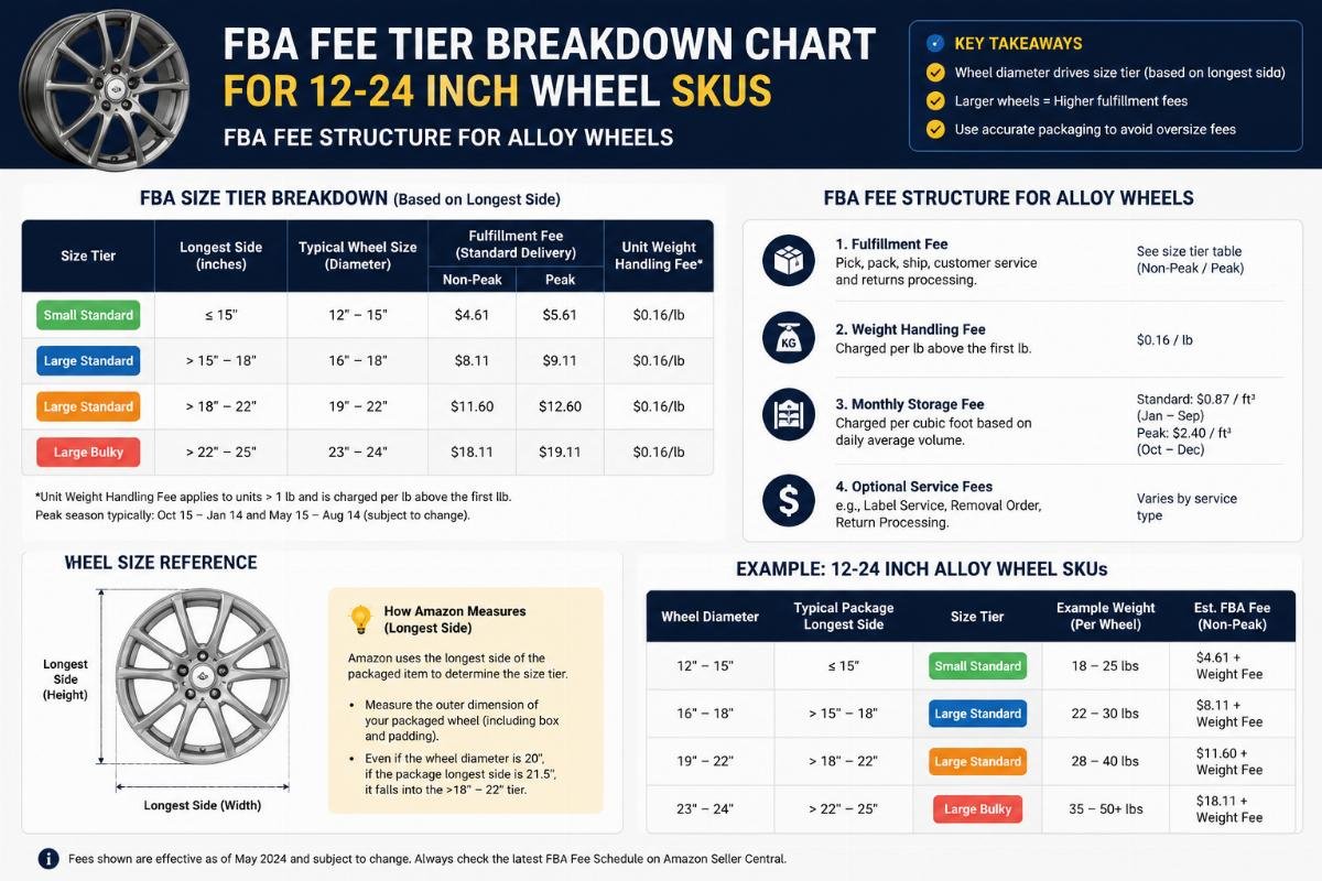 FBA fee structure for alloy wheels FBA fee tier breakdown chart for 12-24 inch wheel SKUs