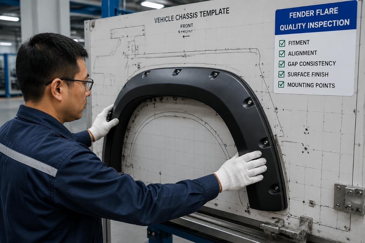 A quality control technician checking fender flare fitment against a vehicle chassis template