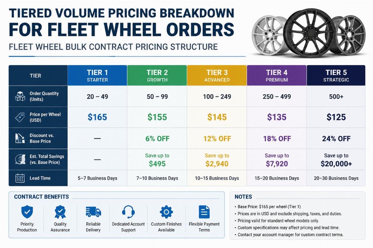 Fleet wheel bulk contract pricing structure Tiered volume pricing breakdown chart for fleet wheel orders
