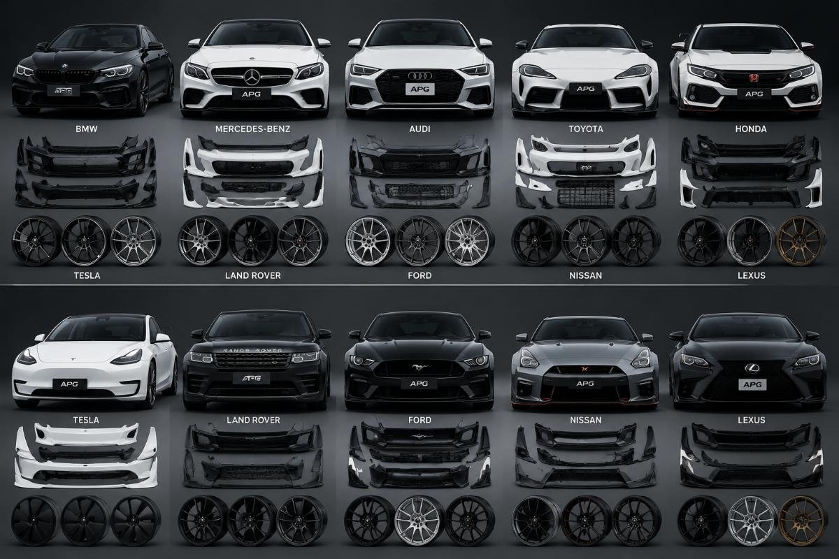 A side-by-side display of certified full car modification body kits paired with matching alloy wheels for different vehicle models