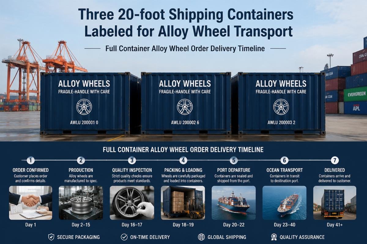 Three 20-foot shipping containers labeled for alloy wheel transport at a port terminal