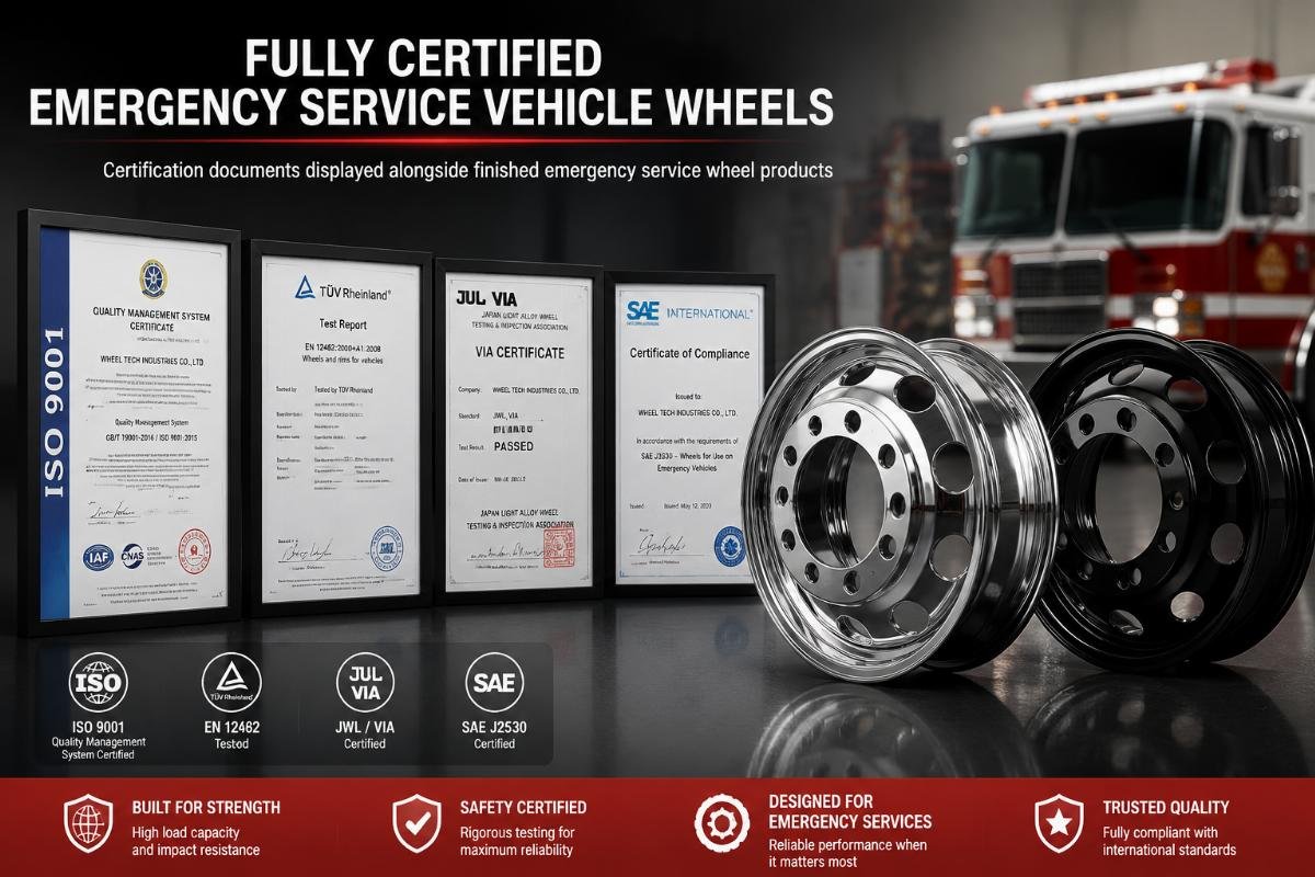 Certification documents displayed alongside finished emergency service wheel products