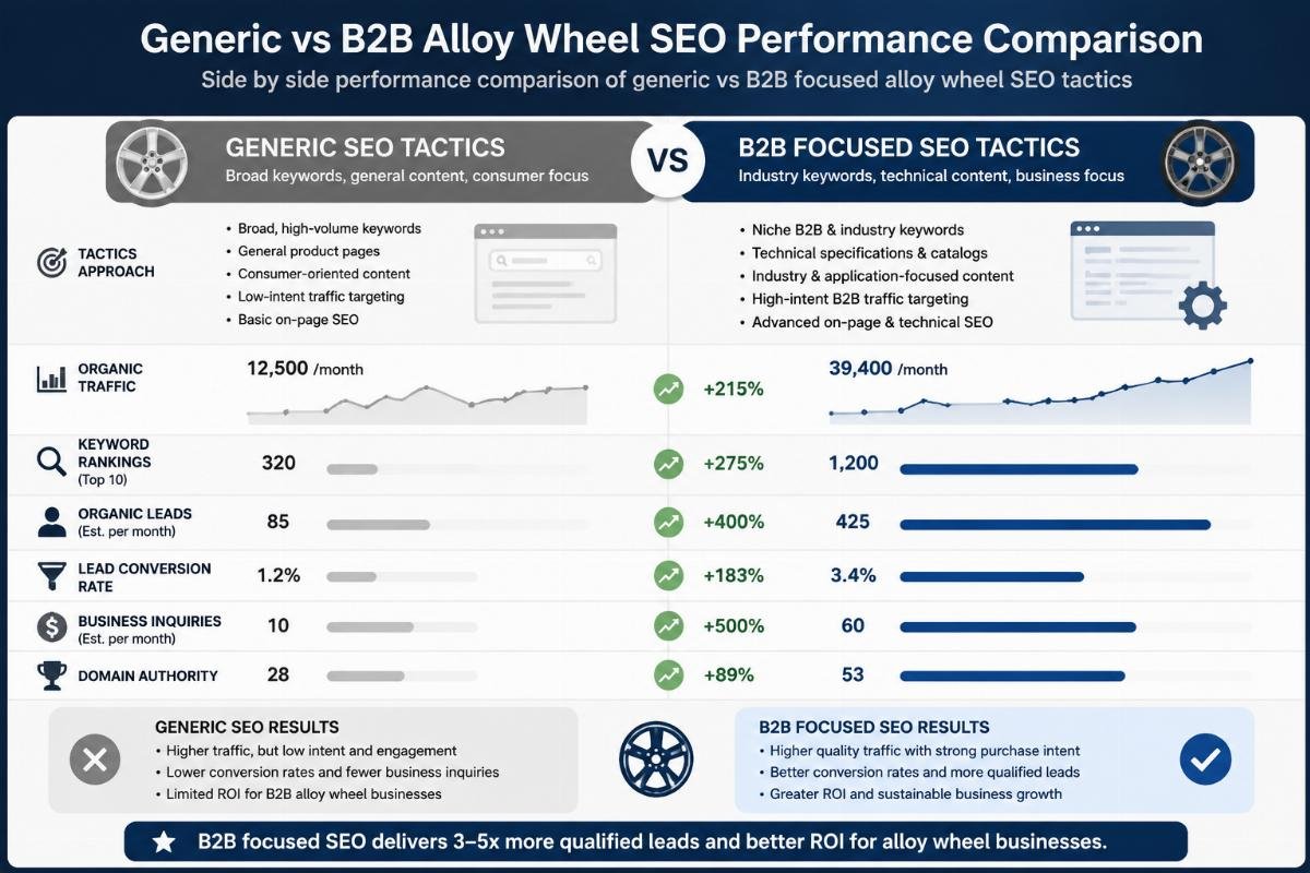 Side by side performance comparison of generic vs B2B focused alloy wheel SEO tactics