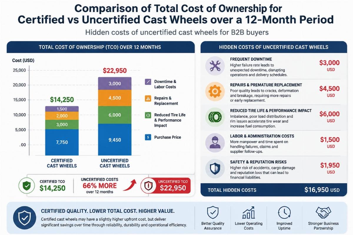 Hidden costs of uncertified cast wheels for B2B buyers Comparison of total cost of ownership for certified vs uncertified cast wheels over a 12-month period