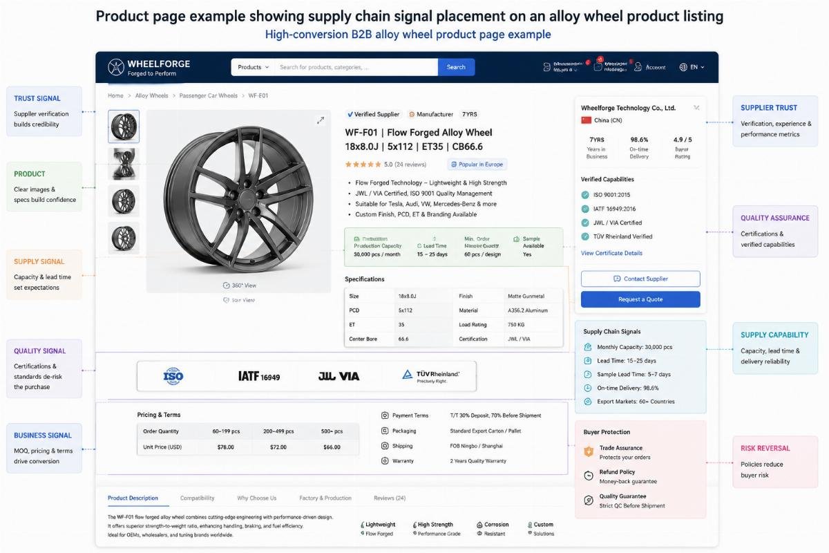 Product page example showing supply chain signal placement on an alloy wheel product listing