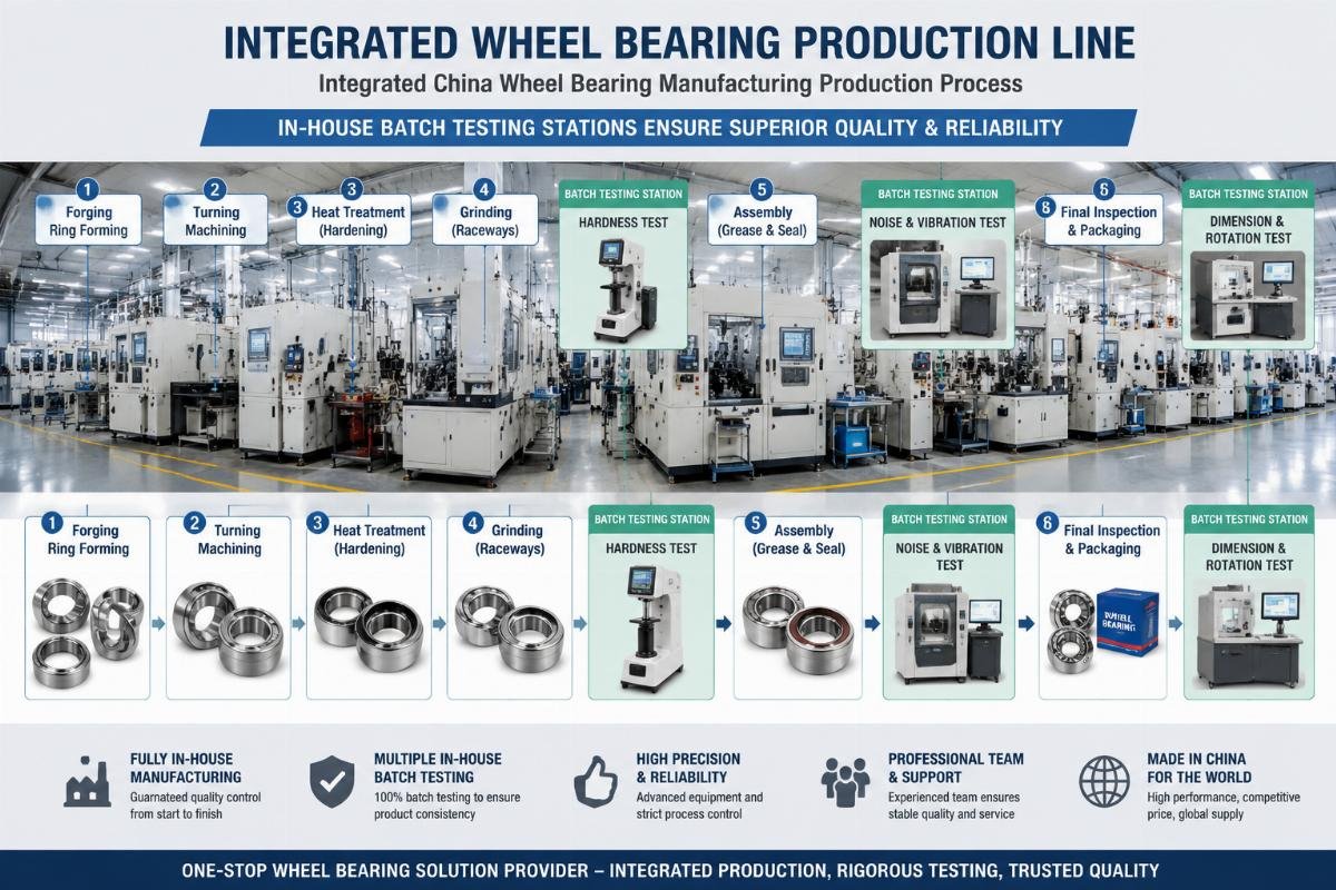 Integrated wheel bearing production line showing in-house batch testing stations