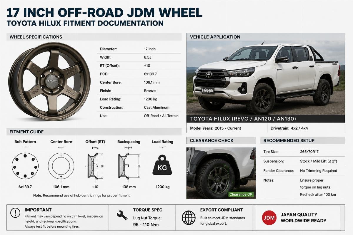 JDM wheel fitment for Toyota Hilux export 17 inch off-road JDM wheel paired with Toyota Hilux fitment documentation