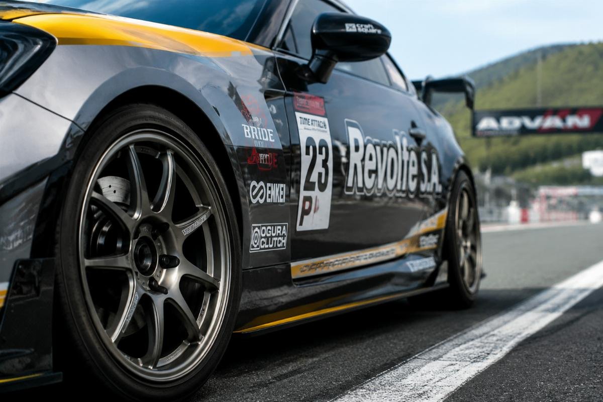 Lightweight track day car wheels for performance tuning Lightweight performance track wheels mounted on a race car during track testing