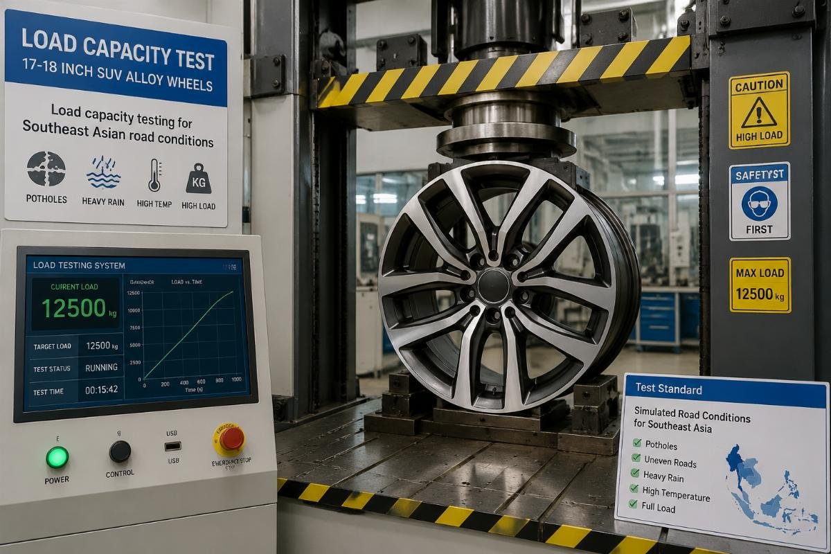 Load capacity testing for Southeast Asian road conditions A set of 17-18 inch SUV alloy wheels being tested for load capacity in a factory lab