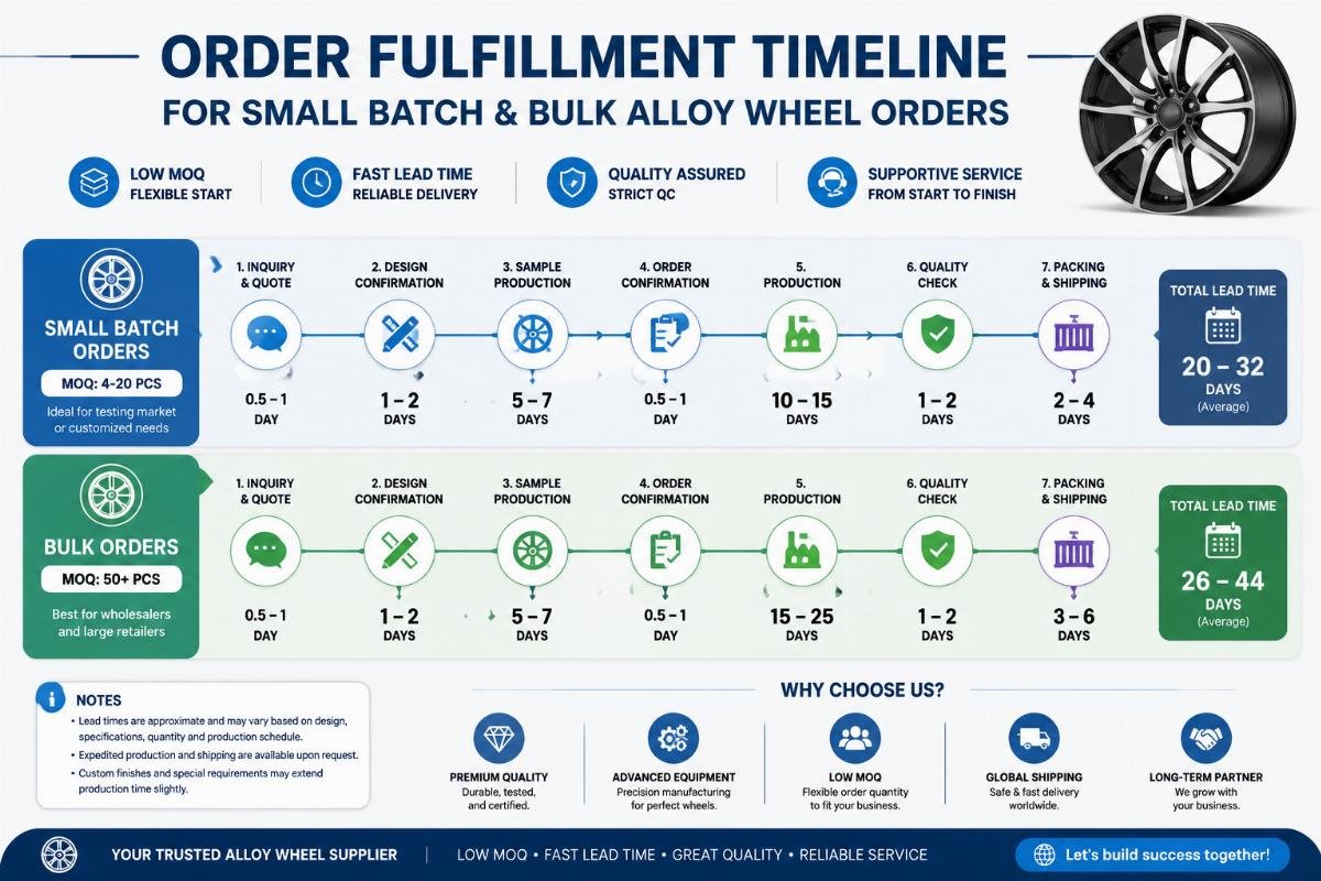 Order fulfillment timeline infographic for small batch and bulk alloy wheel orders