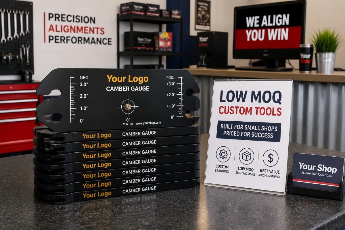 A stack of custom branded camber gauges next to a shop’s service counter