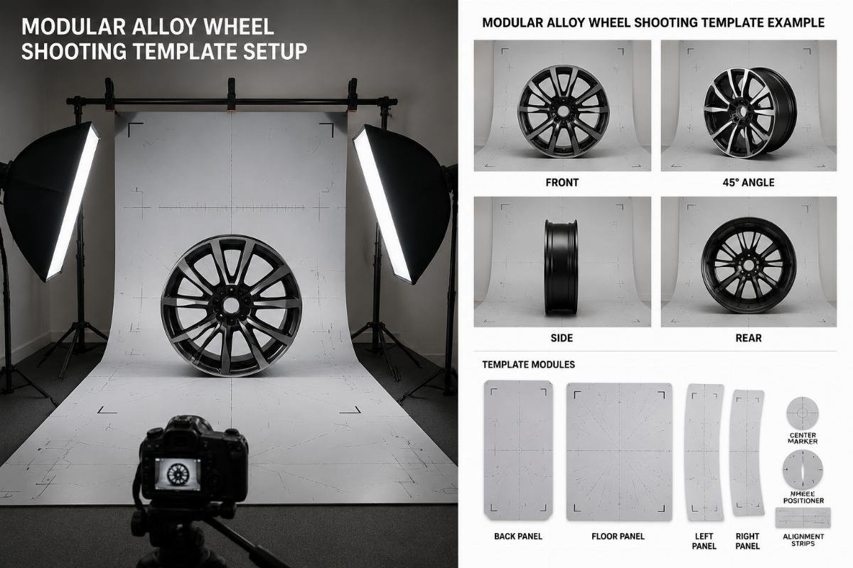 Modular alloy wheel shooting template setup in a small studio space