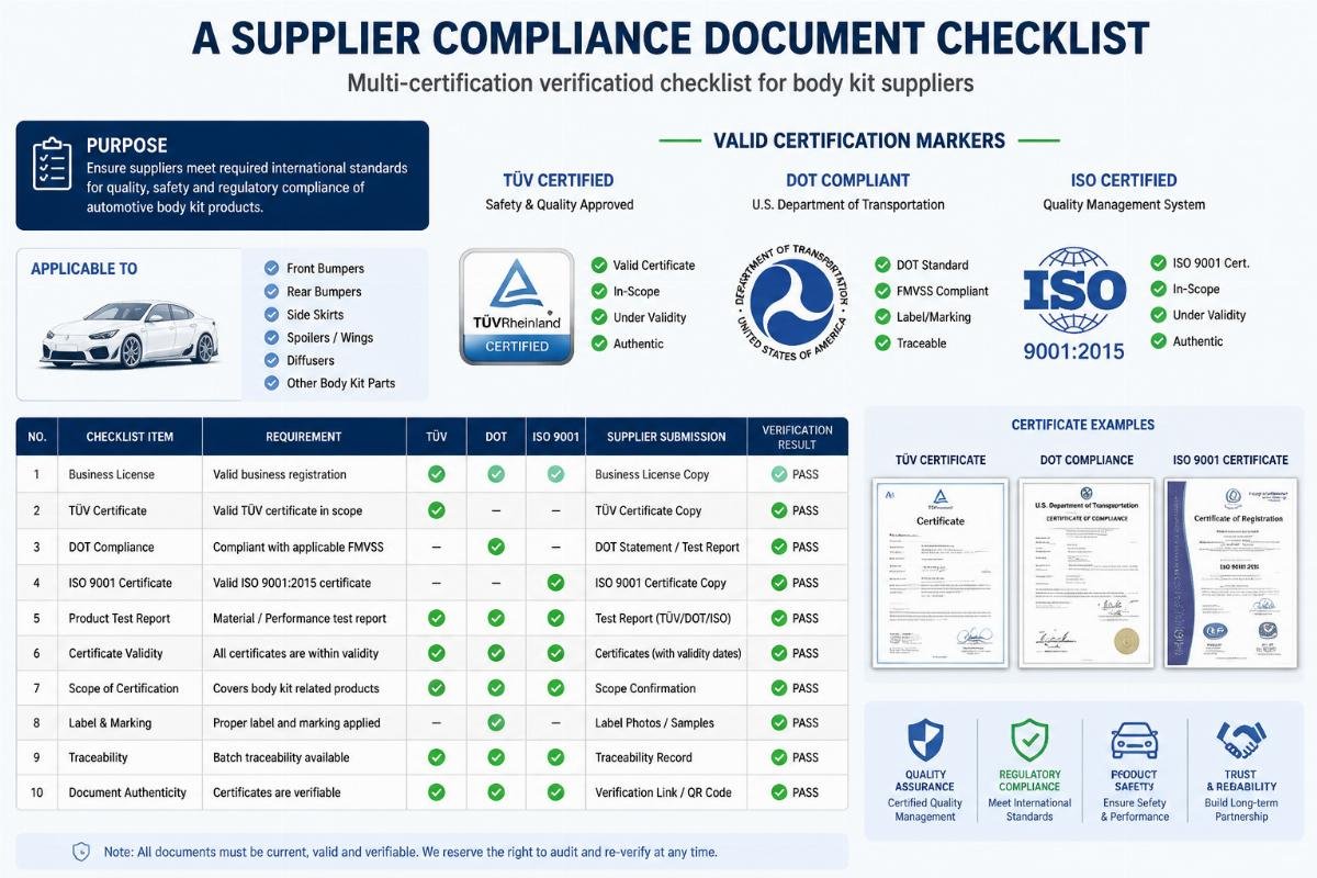 Multi-certification verification checklist for body kit suppliers A supplier compliance document checklist showing valid TüV, DOT and ISO certification markers for automotive parts