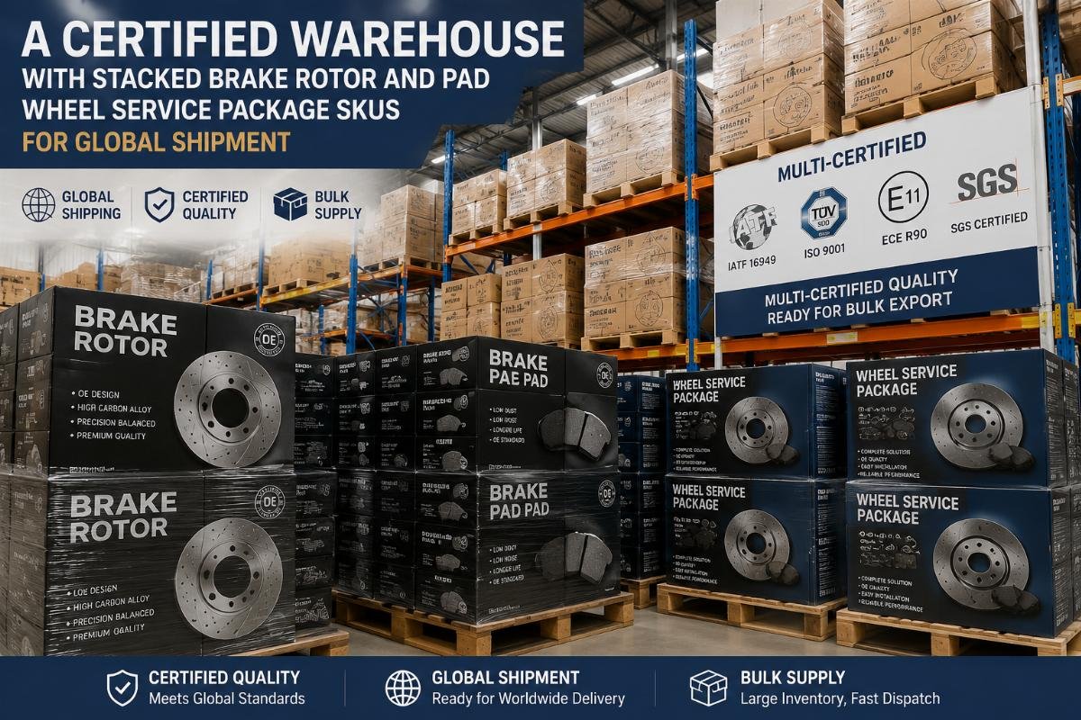 A certified warehouse with stacked brake rotor and pad wheel service package SKUs for global shipment