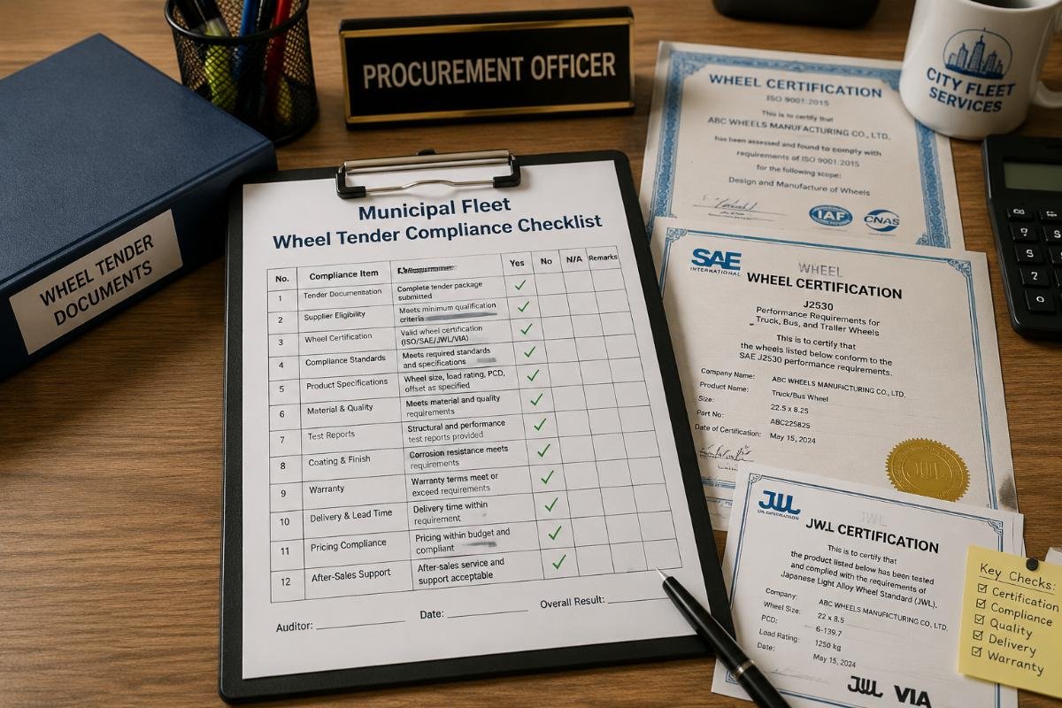 Municipal fleet wheel tender compliance checklist Audit checklist laid out on a procurement officer's desk with wheel certification documents