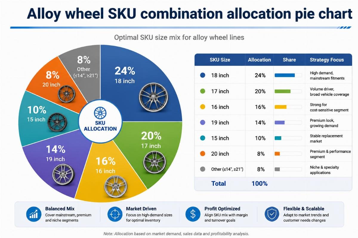 optimal SKU size mix for alloy wheel lines Alloy wheel SKU combination allocation pie chart