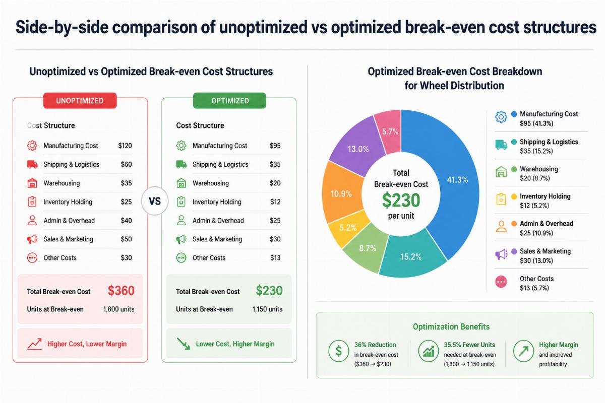 Optimized break-even cost breakdown for wheel distribution Side-by-side comparison of unoptimized vs optimized break-even cost structures