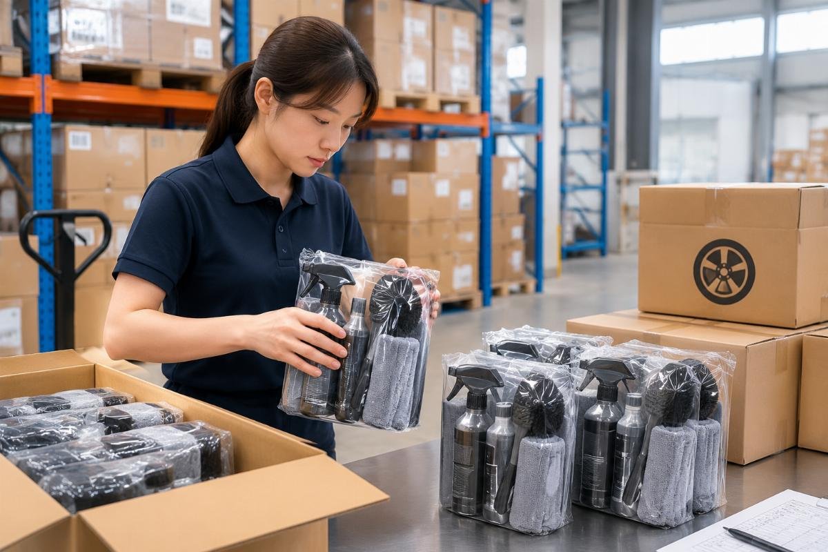 Warehouse staff sorting pre-packaged wheel care bundles ready for distribution