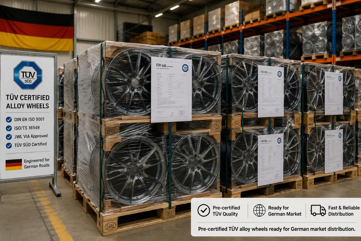 A stack of TüV certified alloy wheels in a German warehouse, with compliance paperwork attached to each pallet