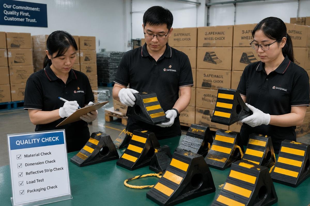 Quality inspection process for wholesale wheel chock orders Supplier quality control team inspecting wheel chock sets before bulk packaging