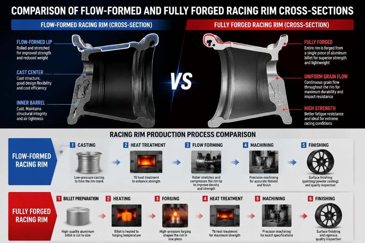Comparison of flow-formed and fully forged racing rim cross-sections