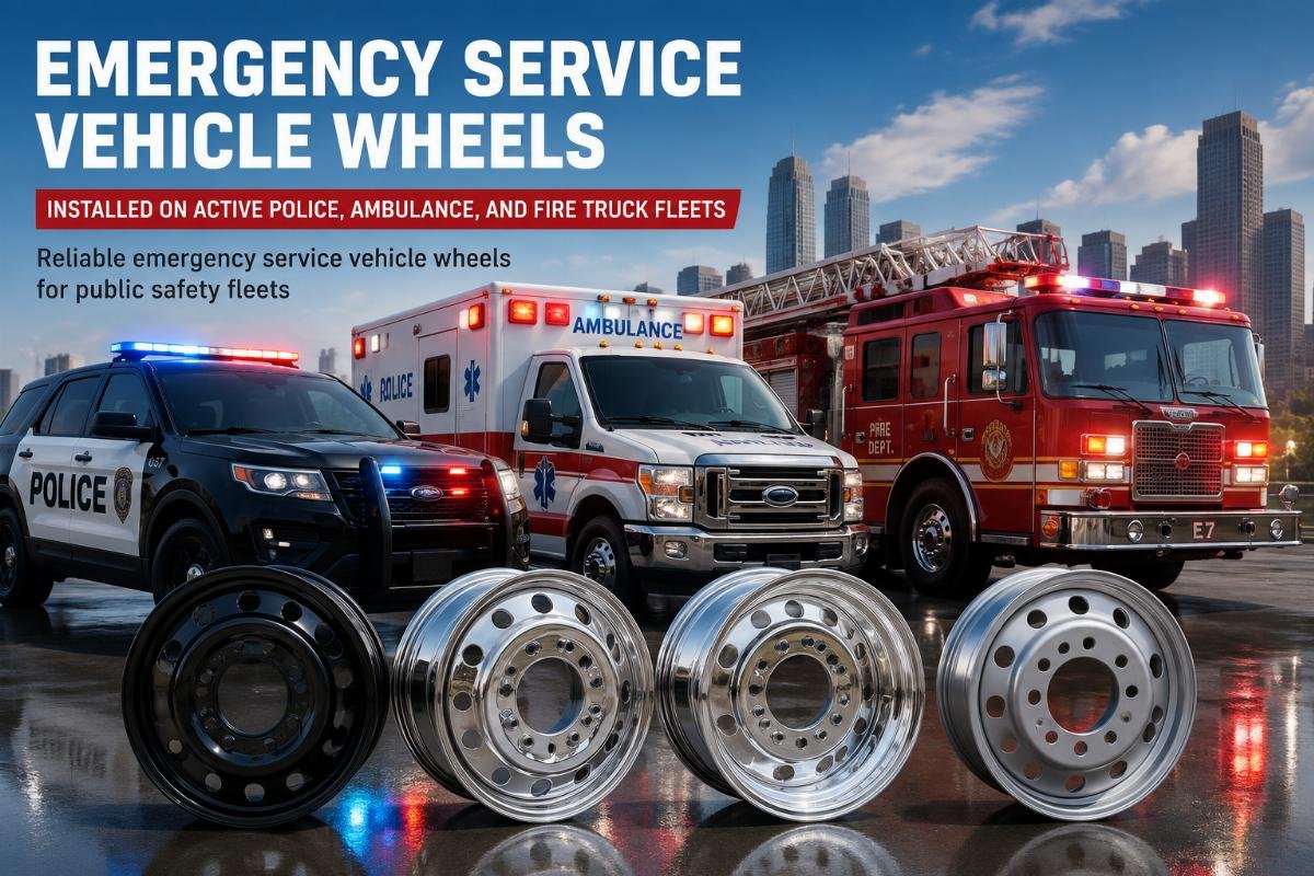 Reliable emergency service vehicle wheels for public safety fleets Emergency service vehicle wheels installed on active police, ambulance, and fire truck fleets