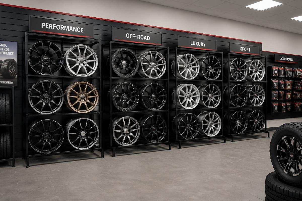 Well-organized wheel display stands in a retail auto shop