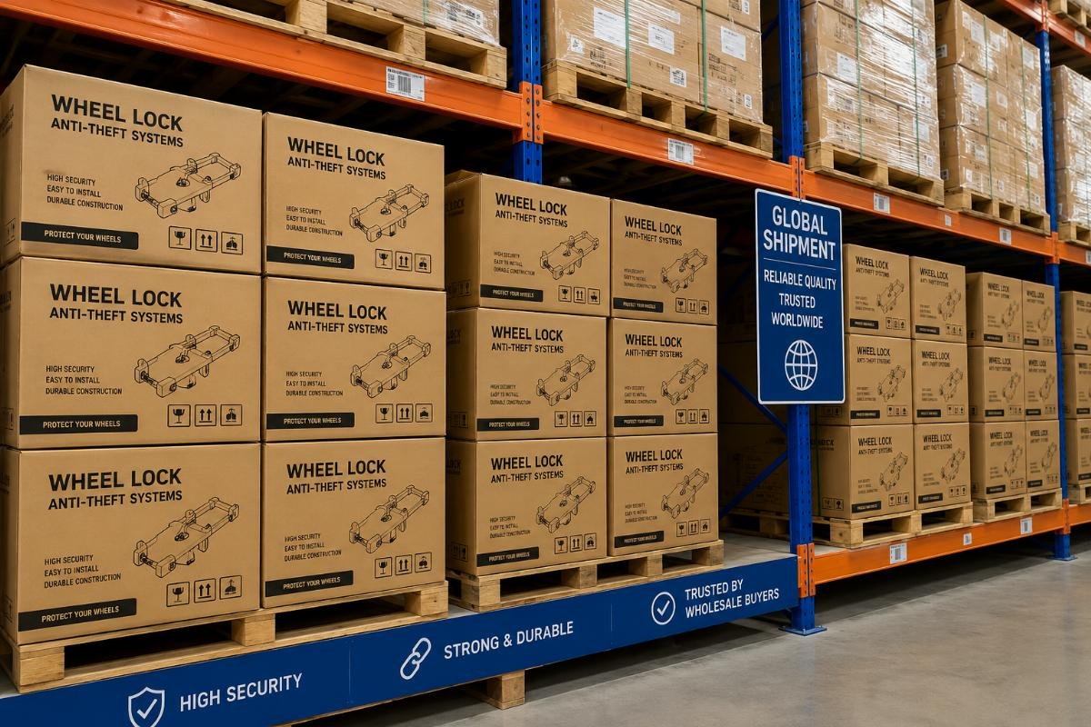 Reliable wheel lock inventory for wholesale buyers A warehouse shelf displays stacked cartons of wheel lock anti-theft systems ready for global shipment
