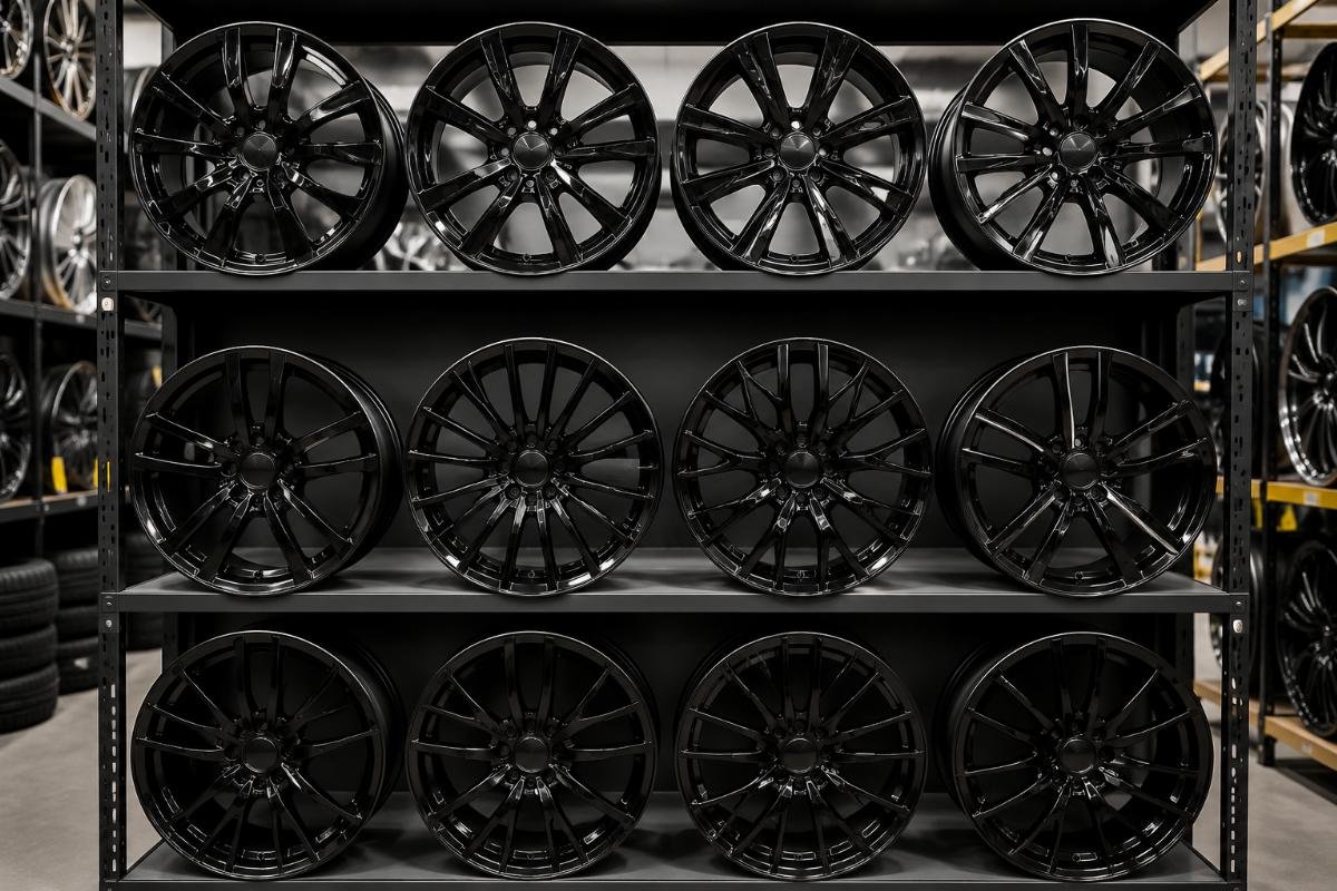 Retail ready ride-hailing alloy wheel stock A set of glossy black multi-spoke alloy wheels displayed on a retail shelf for ride-hailing drivers