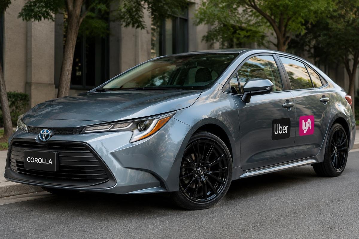 A set of glossy black multi-spoke alloy wheels installed on a Toyota Corolla used for ride-hailing service