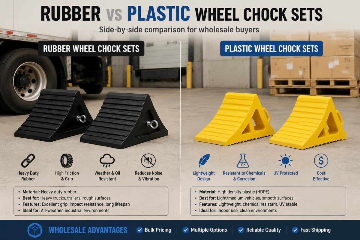 Side-by-side comparison of rubber and plastic wheel chock sets on a warehouse loading dock