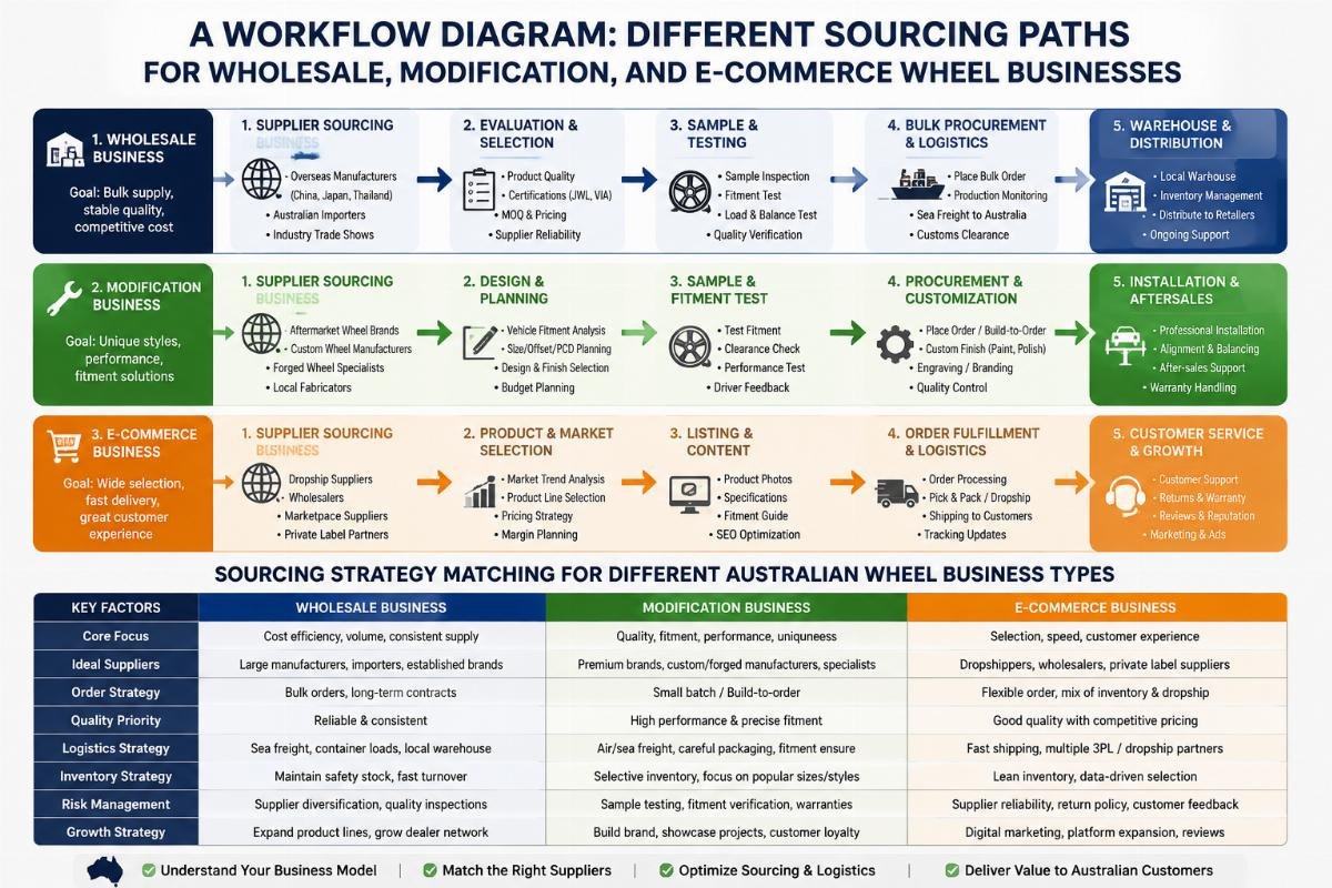 Sourcing strategy matching for different Australian wheel business types A workflow diagram showing different sourcing paths for wholesale, modification, and e-commerce wheel businesses