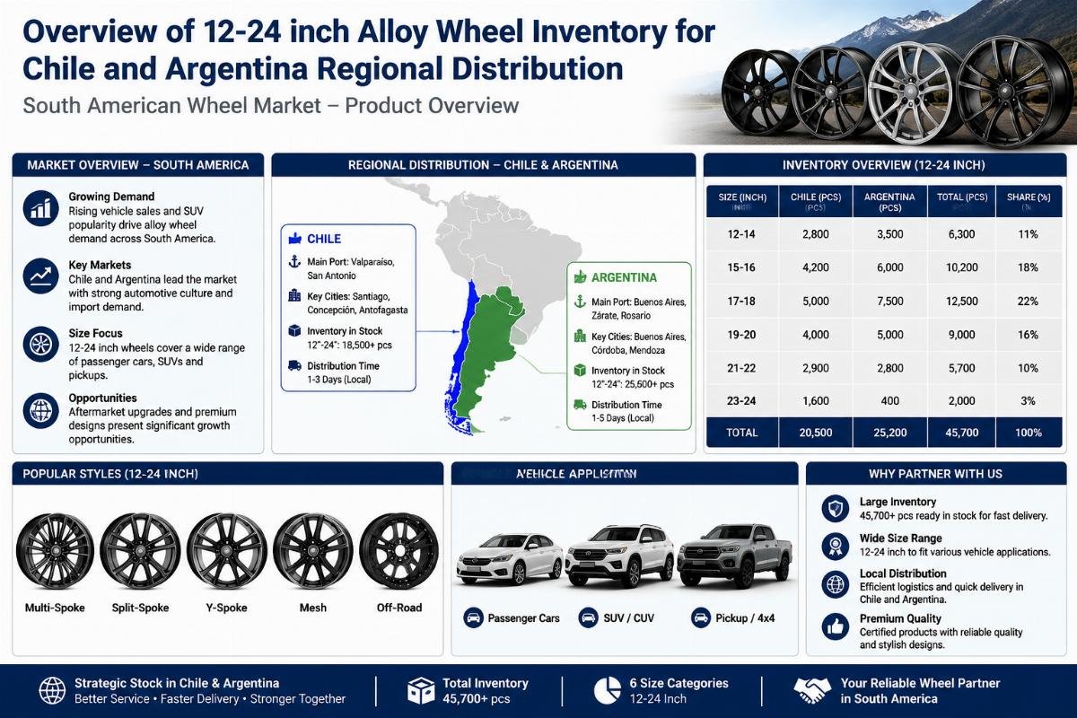 Overview of 12-24 inch alloy wheel inventory for Chile and Argentina regional distribution
