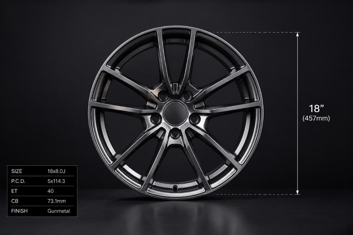 Standardized single alloy wheel hero shot with clear size reference