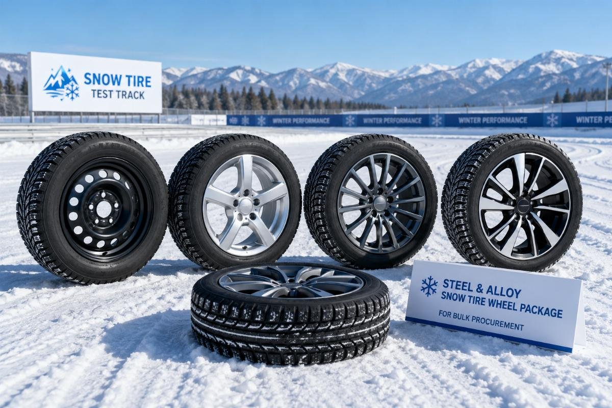 Steel and alloy snow tire wheel package displayed on a snow-covered test track