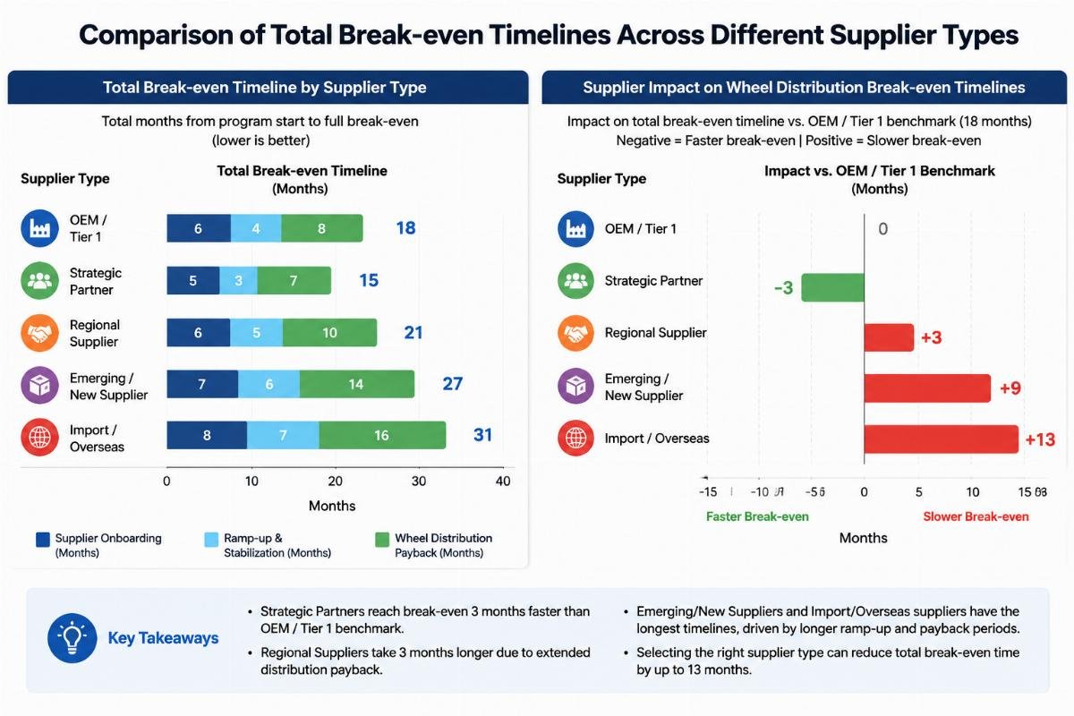 Supplier impact on wheel distribution break-even timelines Comparison of total break-even timelines across different supplier types