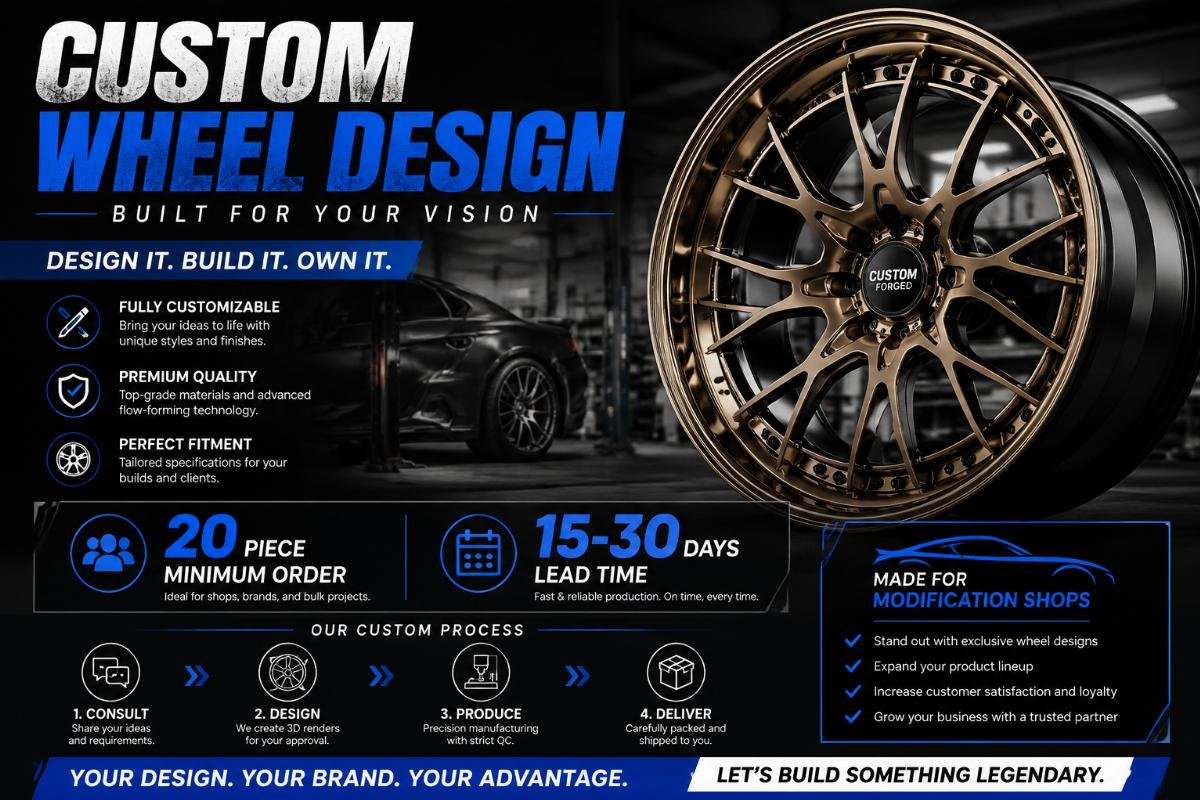 Targeted content for auto modification shops Custom wheel design showcase post highlighting 20-piece minimum order and 15-30 day lead times