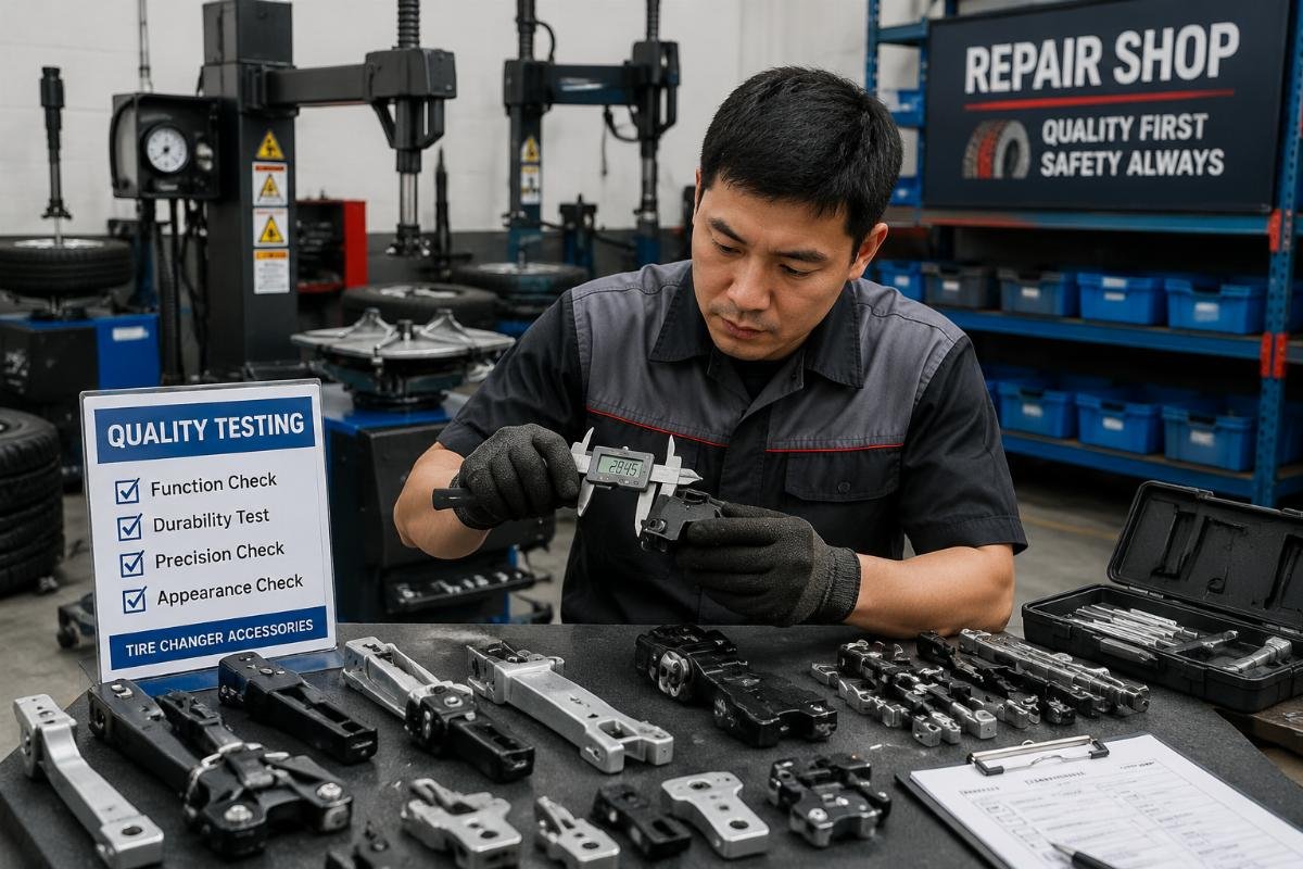 Repair shop technician testing a new batch of tire changer machine accessories during routine maintenance