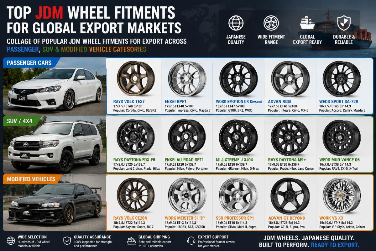 Top JDM wheel fitments for global export markets Collage of popular JDM wheel fitments for export across passenger, SUV and modified vehicle categories